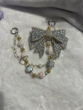 Hand Made Silver Crystal Bow Keychain with Beaded Card Holder Strap